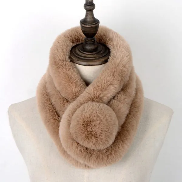 Joy Fashion Scarf Supplier Custom Women Winter Rabbit Faux Fur Scarf w Pompom