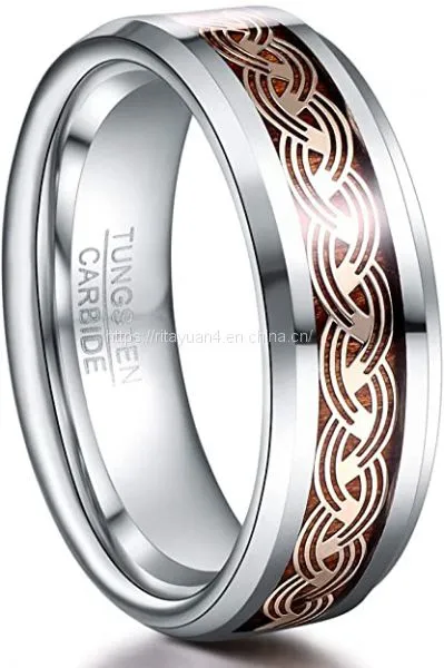 2020 New Arrival T243R NUNCAD Men's 8mm Tungsten Carbide Ring Gold Celtic Knot and Wood Inlay Wedding Band Size 7-12