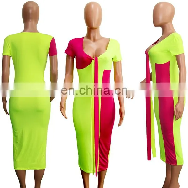 Summer Women Elegant Two Color Patchwork Tie Up V-neck Bodycon Midi Pencil Dress Night Club Sexy Party Dresses Vestidos 3 Colors photo-6