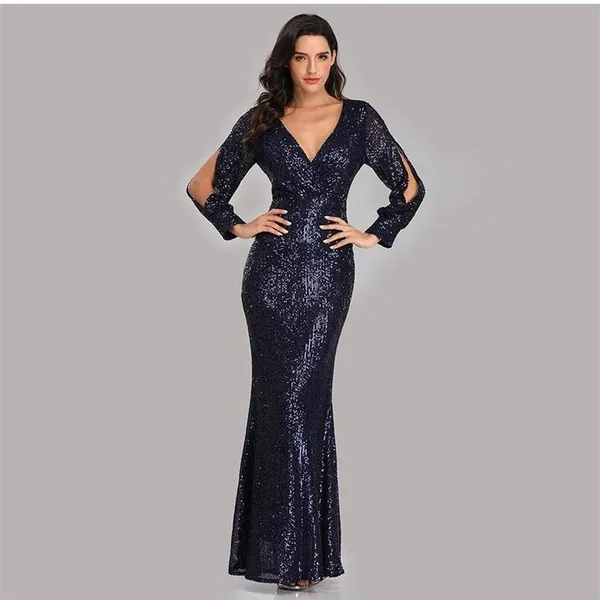 Womens Sexy Long Sleeve V Neck Embroidered Shining Sequins Evening Maxi Dress
