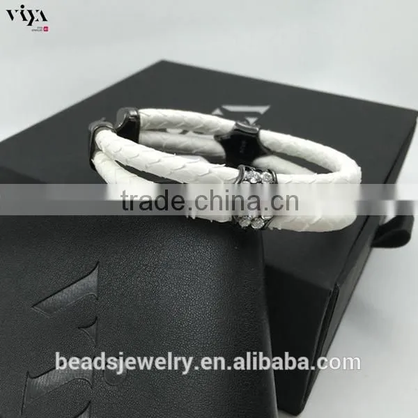 2016 New Arrival Luxury Silver Plated Exotic Genuine White Stingray/ Python Man White Diamond Bracelet For Man
