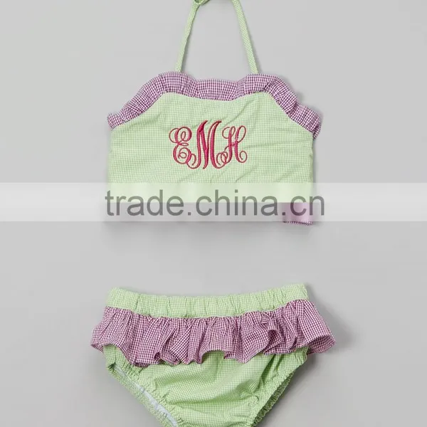 Children Swimwear Young Girl Beach Outfit Seersucker Plaid Ruffle Bikini 2pc Set Kids Baithing Suit