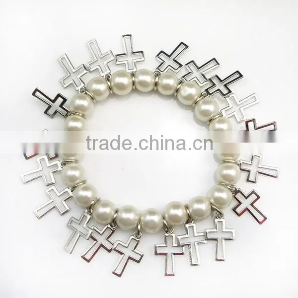Handmade Bracelet Chain With 8 mm White Glass Beads and Hollow-out Cross photo-4