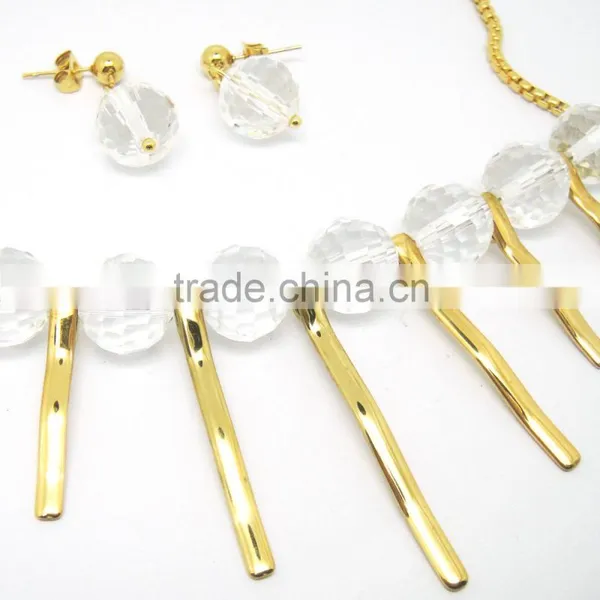 Stainless Steel Gold Tone Bar Tassel Crystal Jewelry Set Necklace photo-3