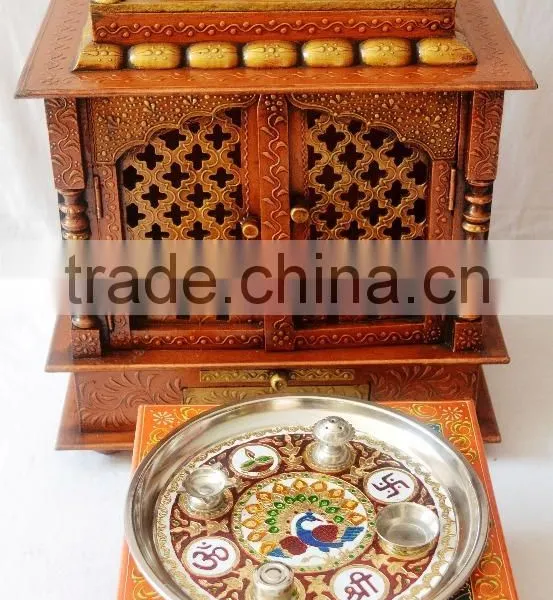 Hand Painted Copper Finish Wooden Temple With Gate photo-5