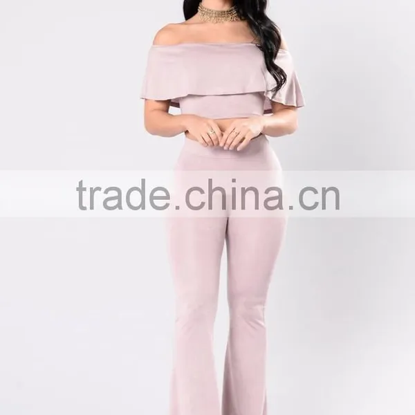 Bundle Clothing Manufacturer Off Shoulder Cropped Top And Flared Wide Leg Ruffle Pants Two Piece photo-2