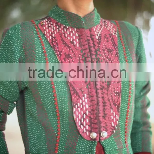 Vintage Kantha Long Jacket in Beautiful Viridian Green and Dull Red ~ Small photo-6