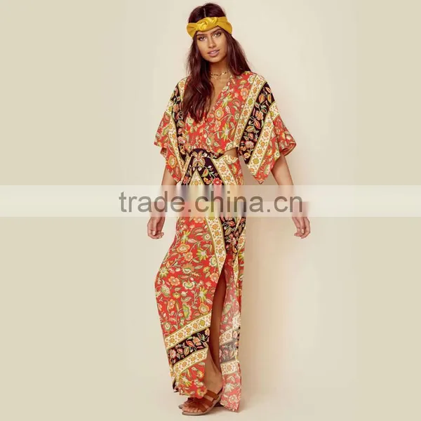 Bat Sleeve Printed Ethnic Clothing Women Kaftan Open Back Design Maxi Dress photo-2