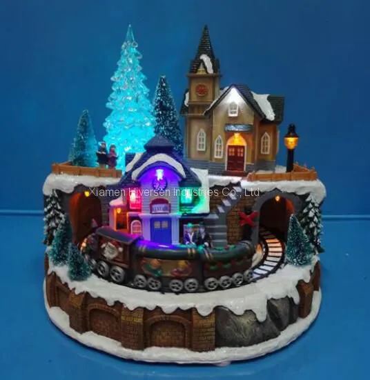 Polyresin Christmas Decoration 13” Led Gingerbread House With Rotating Figurines photo-2
