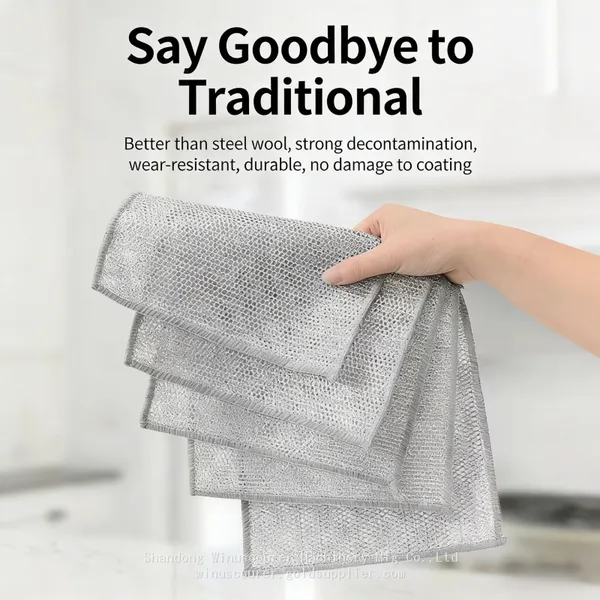 Double-layer Square Silver Polyester Quick-Dry Washable Dish Washing Cloth Kitchen Cleaning Thickened Steel Wire Mesh Degreasing