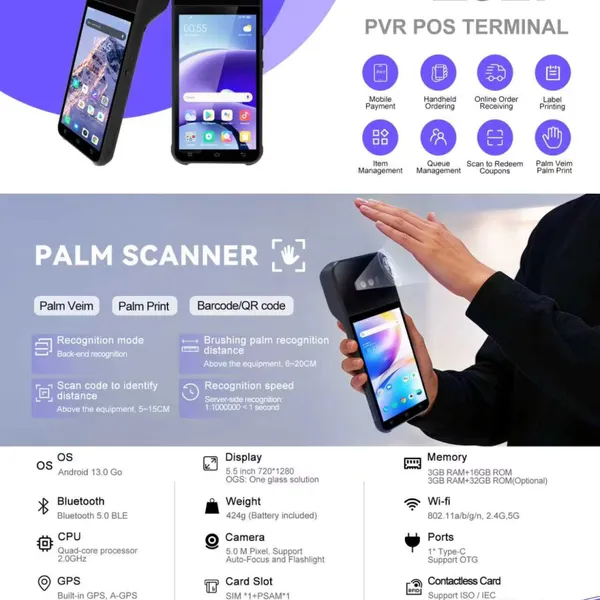 Z92P Handheld Android 13 POS PDA 58mm Thermal Receipt Printer 2D QR Scanner WiFi Bluetooth NFC All in One POS Palm Vascular POS photo-4