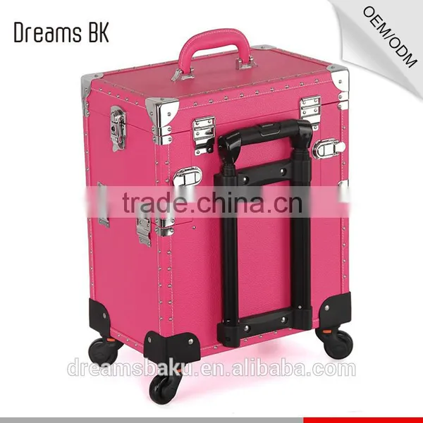2016 Hot Selling Pink Color Functional Professional Trolley Case Makeup Box Cosmetic Display Case photo-3