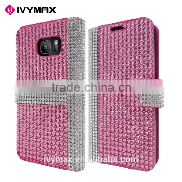 IVYMAX Premium Luxury Lady Style Bling Diamond Magnetic Crystal Leather Book Cover for Samsung Galaxy s7 Wallet Case photo-2