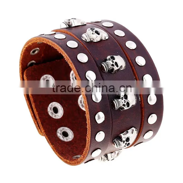 Fashion Men Jewelry Cow Rivet Skull Charms Leather Bracelet photo-3