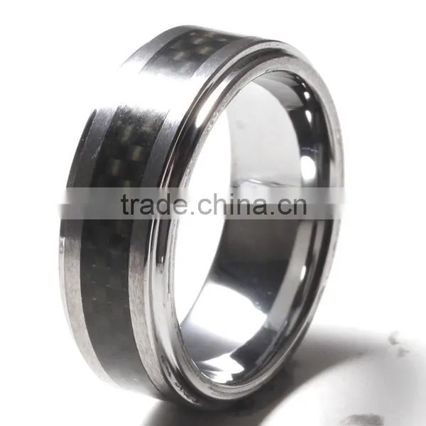Step Down Edge Shiny Polished Wood Grain Paper Inlay Tungsten Rings photo-2