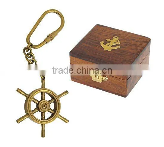 ship wheel key chain made in brass with wooden Box