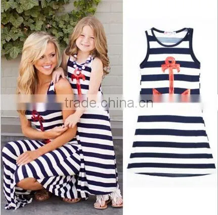 Blue and White Strip Long Sundress Family Set Matching Mother Daughter Dresses