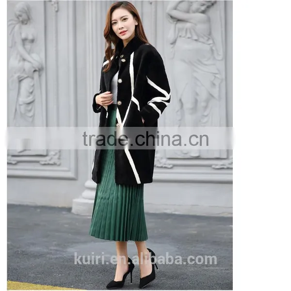 Newest Merino Sheep Shearing Coat Contrast Color Fur One Piece Overcoat Colorant Match Female Medium-long Overcoat photo-4