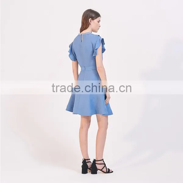 Beaded Neckline Ruffled Shoulders Top With a Short Flared Skirt Suit Dress photo-2