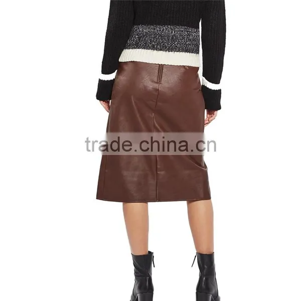 2017 OEM Spring Elegant Snap Wrap Midi Faux Leather Skirt photo-3