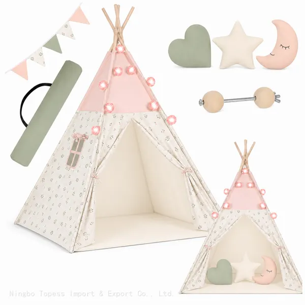 Teepee Tent for Kids, Foldable Play Tent With Pennant Banners & Led Lamp Light for Girls & Boys, Cozy Warm Reading Nook & Room Decor photo-3