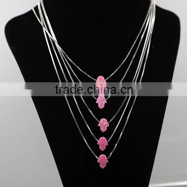 High Quality Synthetic Pink Opal Hamsa/Hand Opal 18K Gold Plated 925 Sterling Silver Box Chain Necklace Made in China photo-3