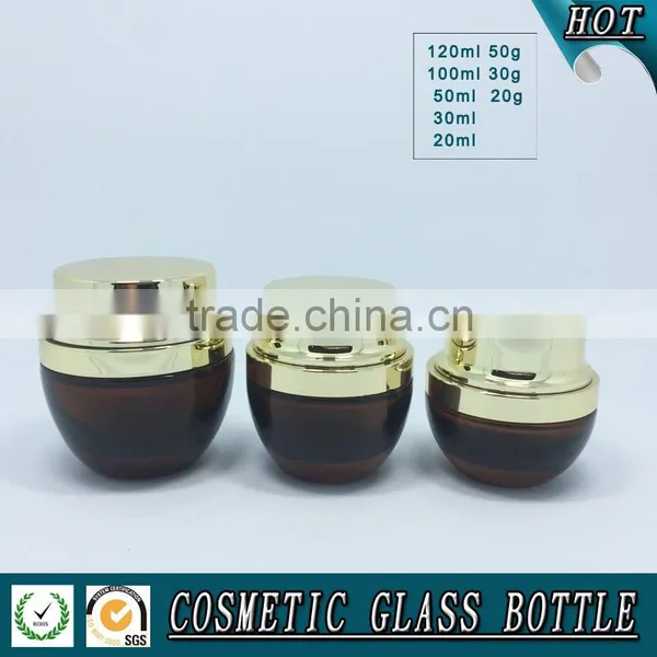 Amber Coloured Cosmetics Glass Bottle and Glass Cream Jar With Shining Gold Lid photo-3