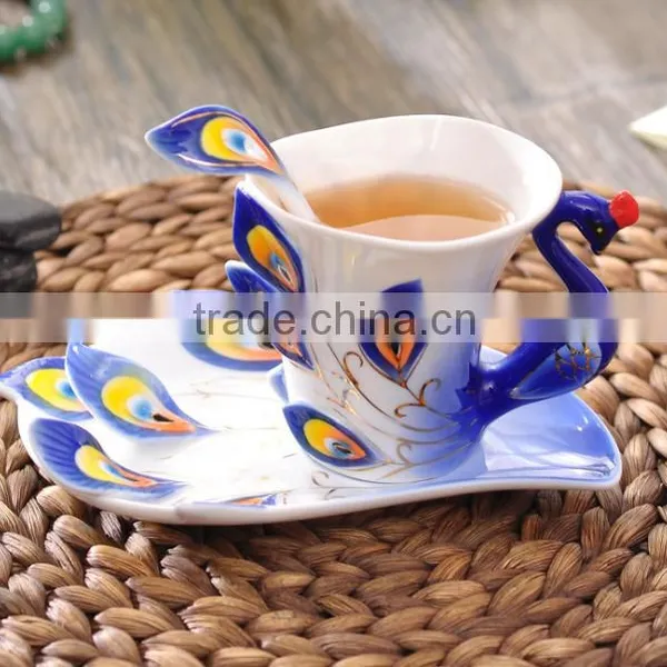 Porcelain Enamel Peacock Embossed Tea Coffee Mug Cup Set With 1pc Coffee Cup, 1pc Saucer, 1pc Spoon