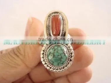 Sterling Silver Coral & Turquoise. Ring, Semiprecious Ring, Sterling Silver Rings