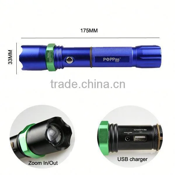 POPPAS 809B 3W Brightest XPE R2 Zoomable USB Power Bank Waterproof Rechargeable Bright Police Flashlight photo-2