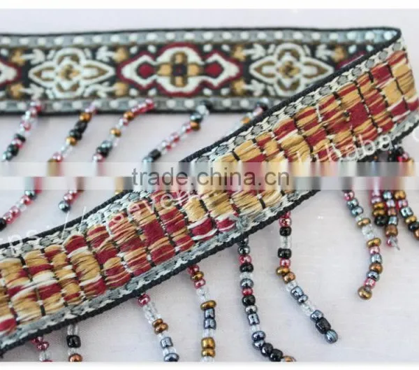 Newest Design 5 cm Width Ethnic Embroidery Nylon Webbing With Beaded Fringe photo-4