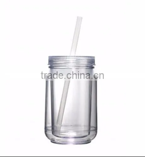 16OZ Mason Jar Cup Blank Clear Double Wall Insulated Tumbler Travel Mug Straw photo-2