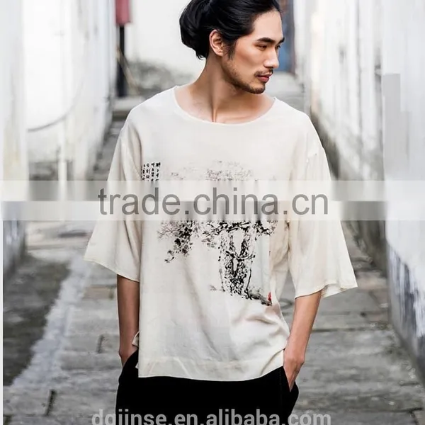 The Chinese Style Summer New Loose Cotton and Linen Men Round Hem Chinese Ink and Wash Printing Half Sleeve Mens t Shirt photo-2