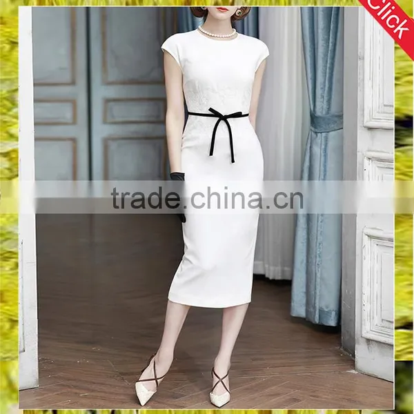 High Quality White Lady High Waisted Vintage Midi Pecil Lace Dress With Short Sleeves