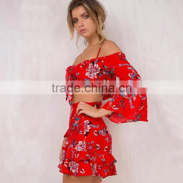 Front Tie Girls 2 Piece Crop Set Long Sleeve Floral Tops and Mini Skirts photo-4