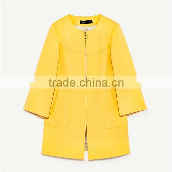 2017 OEM New Style Elegant Thin Pure Color Yellow Spring Autumn Long Coat photo-6