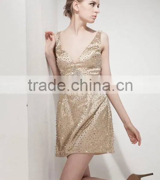 Spring New Design A-line V-neck Short/mini Sequined Evening Dress Lace Party Gowns photo-4