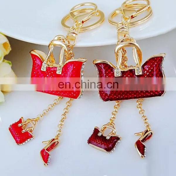 New Arrived Fashion Zinc alloy Metal Mini Red Enamel Bag Keychain With High Heels Shoe Pendant