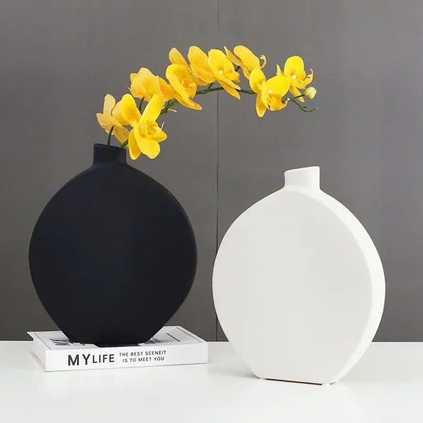 Circular Chinese Large White Black Elegant Round Vase For Hotel Office Home Showroom photo-4