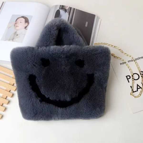 020Autumn Large Capacity Square Bag Girl Shoulder Bag Oblique Straddle Bag Smiling Face Plush Faux Fur Bag photo-2