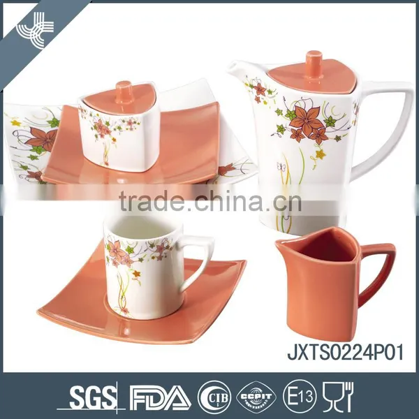 Cute Pink Color Porcelain 24pcs Teaset, With Flower Decal