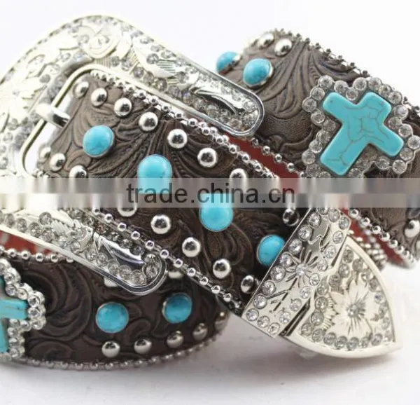 Floral Embossed Cowgirl Leather Western Turquoise Stone Studded Belts photo-3