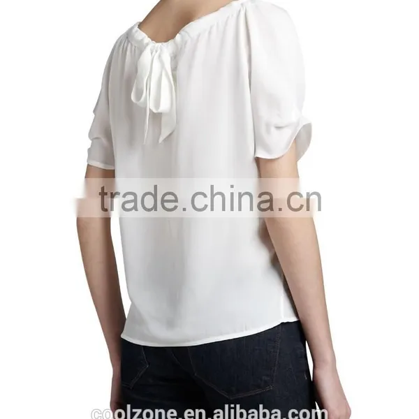 Latest Pleated Neck Puffed Shoulders Silk Blouse Elegant Silk Blouses Models photo-3