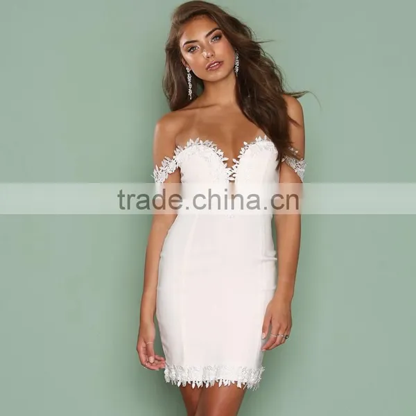 Crochet Lace Trim Bardot Dinner Dress off Shoulder Short Bodycon Party Dress photo-3