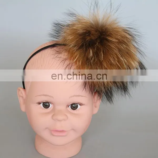 Natural Color Jumbo Raccoon Fur Pompom Accessory Hairband Hair Hoop photo-2