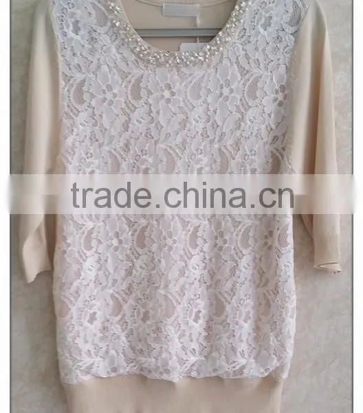 2015 Women Knitting Ladies' Blouse Short Sleeve Beaded Round Neck Pullover With Lace Patchwork