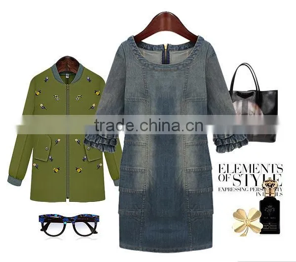 2015 New Arrival Latest Half Sleeve Denim Halter Dress Retro Denim Woman One-piece Office Dress photo-3
