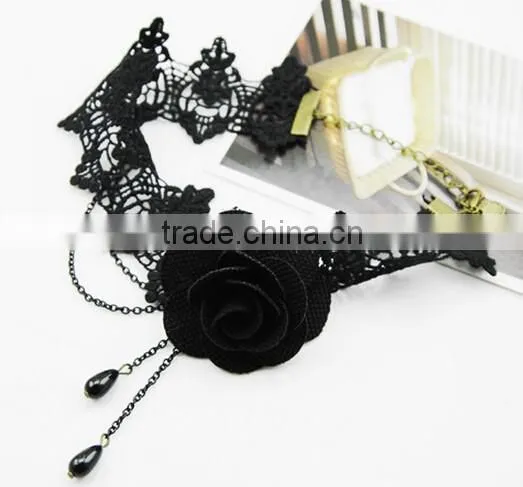 Women 2016 Gothic Handmade Chain Black Flower Lace Choker Collar Chunky Necklace photo-6