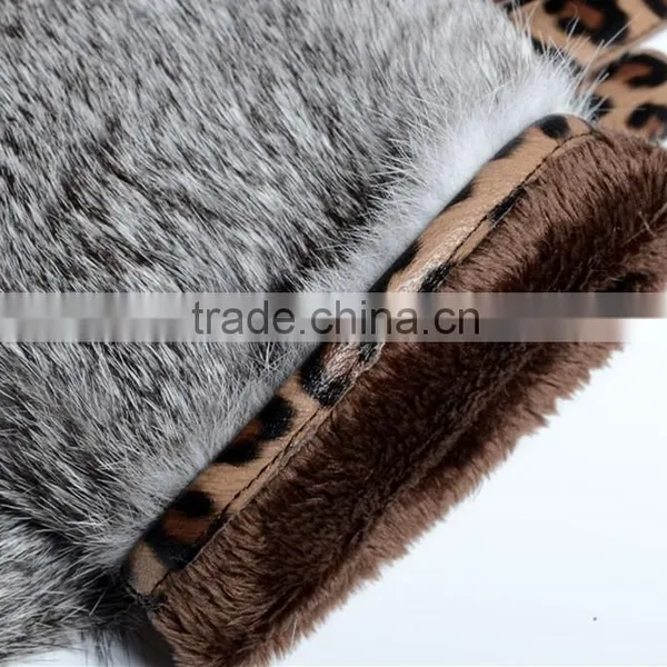 Cool Leopard Design Suede Leather Mittens Rabbit Fur Coverd Wrist Ladies Fashion photo-5
