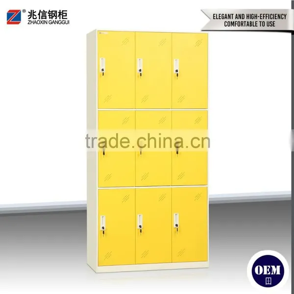 Popular Colorful Steel Locker 9 Door Yellow Key Lock Wardrobe Cabinet Steel Locker Furniture for Clothing Store